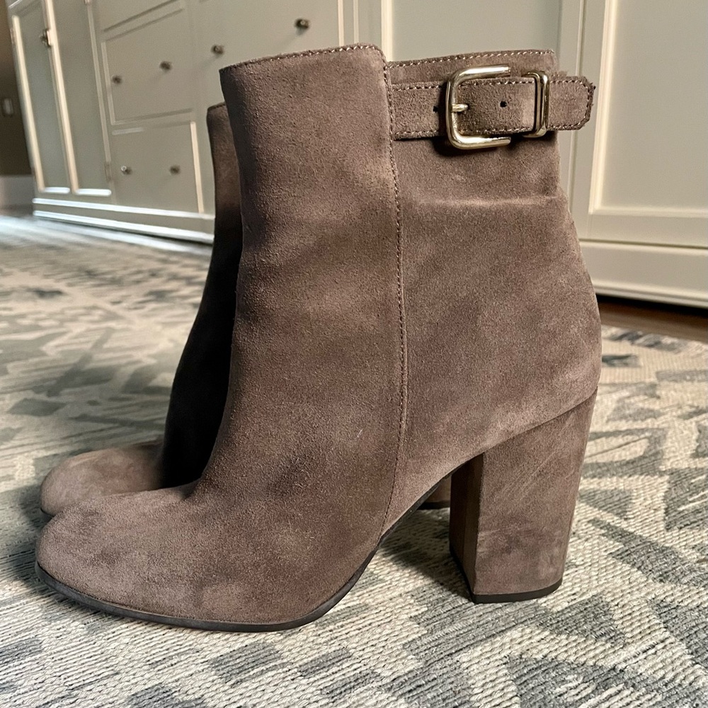 J. Crew taupe suede mid-ankle booties, size 7.5 and 3.5 inch heels.